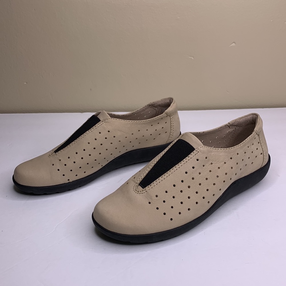 Clarks Beige Perforated Slip-On Flats with Black Trim
